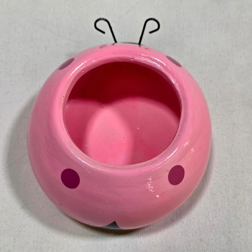 Love Bugs Ladybug Ceramic Planter Small Pink Purple Polka Dot Trinket Dish Decor